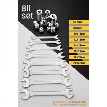 Nevamel® HSNET  Açık Uçlu Anahtar Seti - İki Ağızlı Anahtar - İki Ucu Açık Vanadium Çelik Anahtar 8 li SET