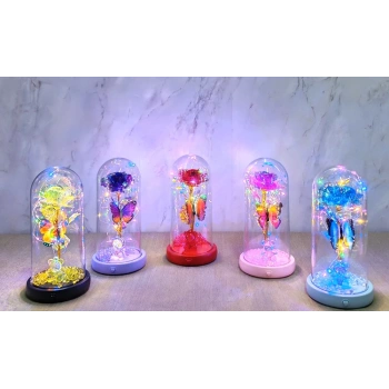 Nevamel® Işıklı Müzikli Romantik Kelebekli Fanus içinde Gül