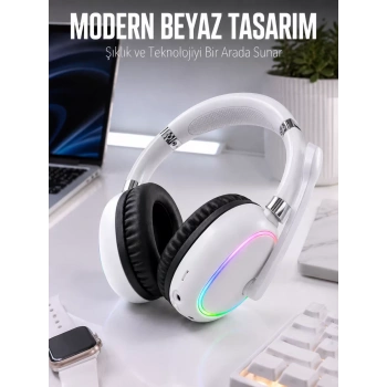 Nevamel® Kablosuz Bluetooth Mikrofonlu Beyaz Kulaklık  RGB Işıklı