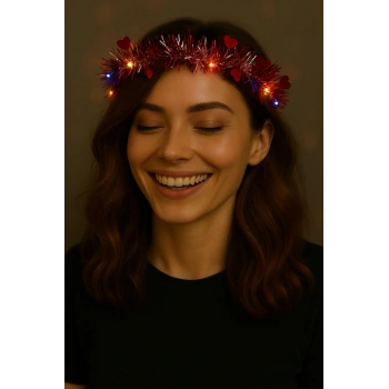 Nevamel Kalp Püsküllü 3 Modlu LED Işıklı Taç Kırmızı Renk