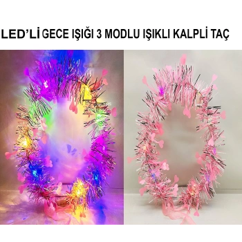 Nevamel Kalp Püsküllü 3 Modlu LED Işıklı Taç Pembe Renk