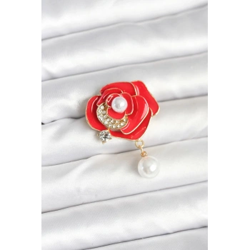 Nevamel® Kırmızı Gül İncili Model Broş 5886