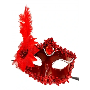 Nevamel Kırmızı Güllü ve Tüylü Venedik Maskesi