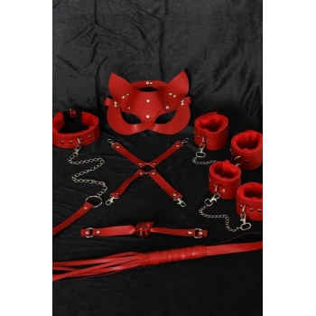 Nevamel® Kırmızı İçi Tüylü Maske,Kol,Bacak,Ağız Topu,Kırbaç,Tasma Harness Set