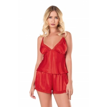 Nevamel® Kırmızı Saten Babydoll Şort Takımı