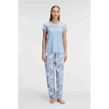 Nevamel® Kısa Kol Bisiklet Yaka Kadın Viskon Çiçek Desenli Yazlık Örme Dantel Detaylı Pijama Takımı