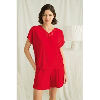 Nevamel® Kısa Kollu Dantelli V Yaka Şort Pijama Takımı