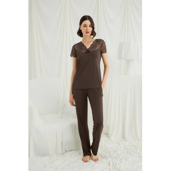 Nevamel® Kısa Kollu Ve Dantelli V Yaka Pijama Takımı