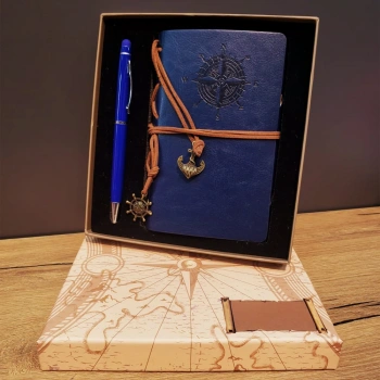 Nevamel Lacivert Pusula Tasarım Deri Defter Ve Tükenmez Kalem Seti