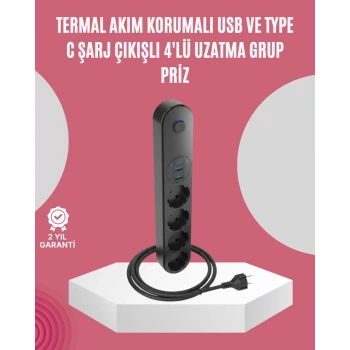 Nevamel® Led Anahtarlı Akım Korumalı Çoklu Priz 4 Priz 3 USB Girişli