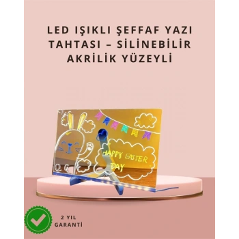 Nevamel LED Işıklı Şeffaf Yazı Tahtası – Neon Etkili Akrilik Pano Silinebilir 7 Renkli Kalemli 30x20 cm