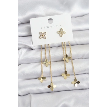 Nevamel® Lotus Model Gold Renk Pirinç Sallantılı Kadın Küpe 5886