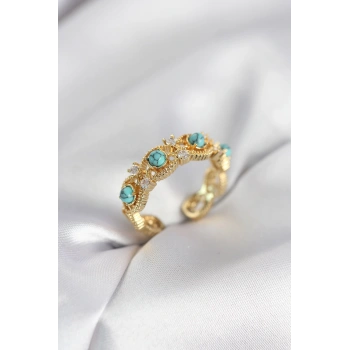 Nevamel® Mavi Taşlı Gold Renk Vintage Kadın Yüzük 5886