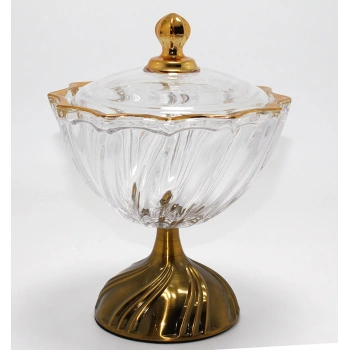 Nevamel® Metal Ayaklı Kristal Cam Şekerlik Gold Detaylı Sunumluk