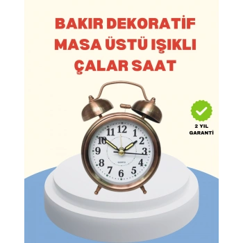 Nevamel® Metal Bronz Nostaljik Masa Saati Alarmlı Büyük Boy Sessiz Mekanizmalı