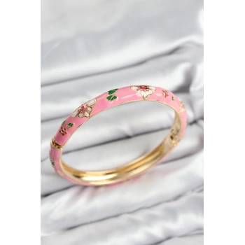 Nevamel® Mineli Pirinç Pembe Çiçek Motifli Gold Kadın Kelepçe 5886