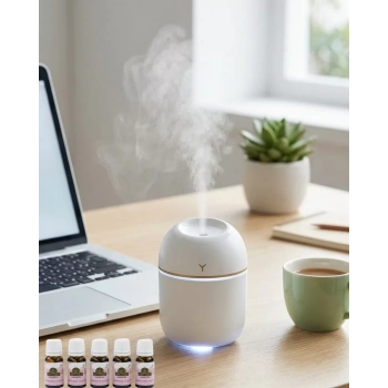 Nevamel® Mini Hava Nemlendirici USB Bağlantılı LED Işıklı 5 Esans Hediyeli Aromaterapi Difüzörü