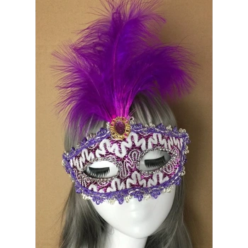 Nevamel Mor Dantel İşlemeli Mor Tüylü Balo Parti Maskesi