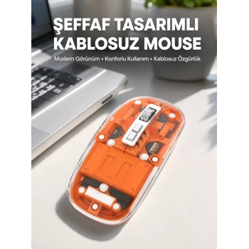 Nevamel® Mouse Fare Kablosuz Mouse Fare Şarjlı Bluetooth Sessiz 5 Tuşlu Şeffaf