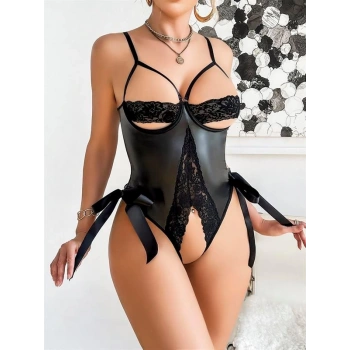 Nevamel® Özel Tasarım Göğüs Dekolteli Arkadan Bağlamalı Özel Bölgesi Açık Fantezi Deri Body