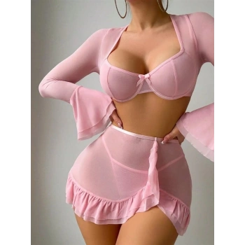 Nevamel® Özel Tasarım Pembe Bolerolu Transparan Fantezi Sütyen Etekli Takım