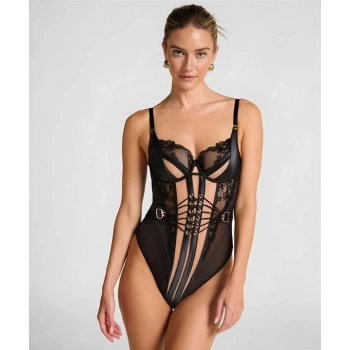 Nevamel® Özel Tasarım Siyah Dantel İşlemeli Önü İp Detaylı Korseli Transparan Fantezi Body
