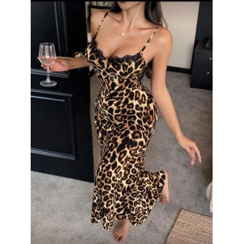 Nevamel® Pamuklu Leopar Desenli İnce Askılı Uzun Elbise