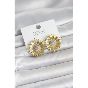 Nevamel® Papatya Model Zirkon Taşlı Pirinç Gold Renk Kadın Küpe 5886