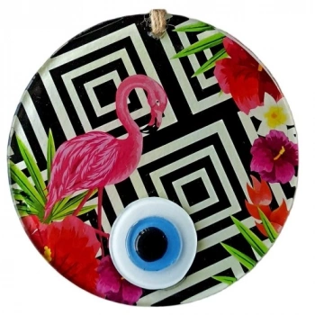 Nevamel Pembe Flamingolu Çiçekli Nazar Boncuklu 15 Santimetre Çapında Duvar Süsü