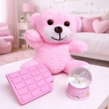 Nevamel® Pembe Peluş Ayıcık, Kar Küresi Ve Pembe Çikolata Not Defteri Hediye Seti