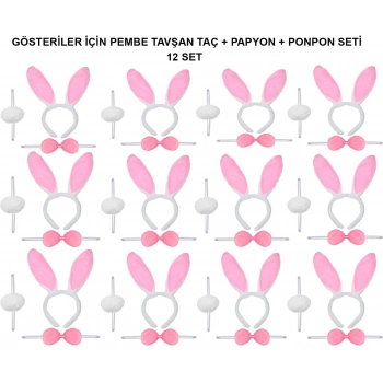 Nevamel Pembe Tavşan Kostüm Seti – Taç, Papyon, Ponpon (12’li Paket)