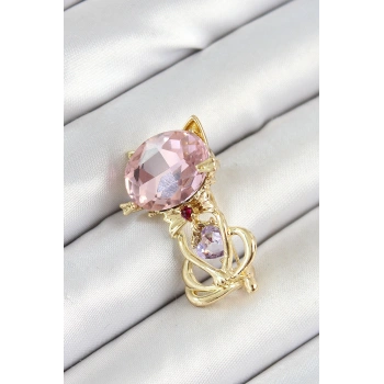 Nevamel® Pembe Zirkon Taşlı Kap Detaylı Kedi Figürlü Gold Renk Kadın Broş 5886