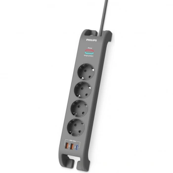 Nevamel® PHILIPS SPN4140GA/62 4 Soket Akım Korumalı Priz 2400 Joules 2Mt Kablo 1xUsb-C PD 20W Hızlı Şarj 2xUsb-A QC 18W (Gri)(1923)