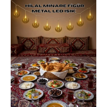 Nevamel® Pilli Minareli Hilal LED Işık Gold Metal Ramazan Dekorasyonu