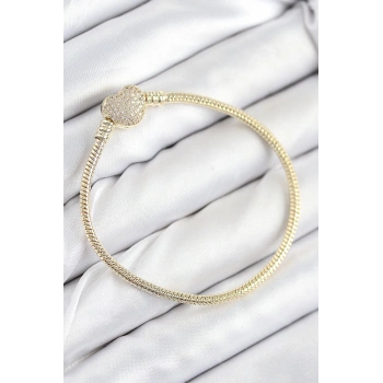 Nevamel® Pirinç Charm Zirkon Taşlı Kalp Model Gold Renk Kadın Bileklik 5886