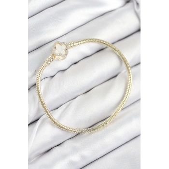Nevamel® Pirinç Charm Zirkon Taşlı Yonca Model Gold Renk Kadın Bileklik 5886