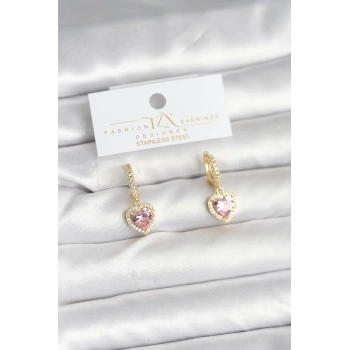 Nevamel® Pirinç Gold Pembe Renk Zirkon Taşlı Kalp Model Kadın Küpe 5886
