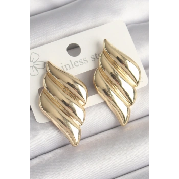 Nevamel® Pirinç Gold Renk 3 Sıralı Dalgalı Model Kadın Küpe 5886