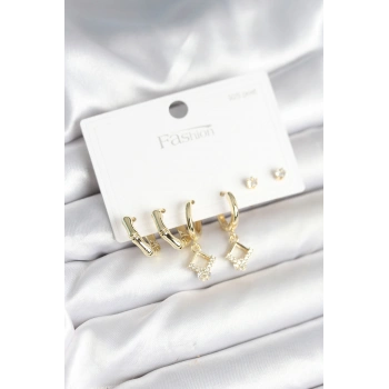 Nevamel® Pirinç Gold Renk 925 Ayar Gümüş Çivili Kadın Küpe Seti 5886