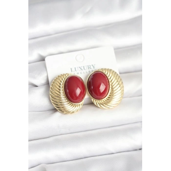 Nevamel® Pirinç Gold Renk Bordo Boncuklu Oval Vintage Kadın Küpe 5886