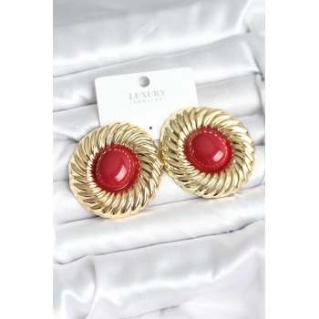 Nevamel® Pirinç Gold Renk Bordo Boncuklu Vintage Kadın Küpe 5886