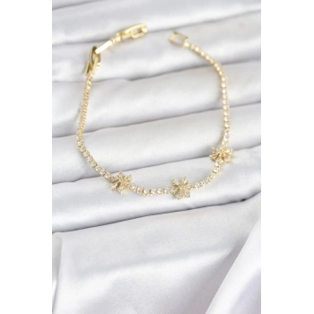 Nevamel® Pirinç Gold Renk Çiçek Model Zirkon Taşlı Su Yolu Kadın Bileklik 5886