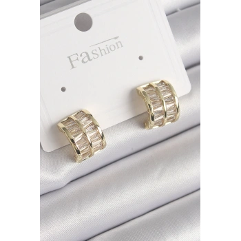 Nevamel® Pirinç Gold Renk Çift Sıra Zirkon Taşlı Kadın Küpe 5886