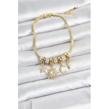 Nevamel® Pirinç Gold Renk Gündüz ve Gece Temalı Charmlı Kadın Bileklik 5886