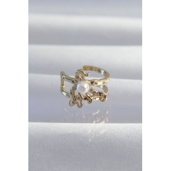 Nevamel® Pirinç Gold Renk İncili Ahtapot Earcuff Küpe 5886