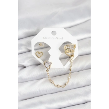 Nevamel® Pirinç Gold Renk Kalp Model Zincir Bağlantılı Ear Cuff Küpe Seti 5886