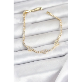 Nevamel® Pirinç Gold Renk Kalp Model Zirkon Taşlı Su Yolu Kadın Bileklik 5886