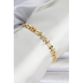 Nevamel® Pirinç Gold Renk Kare Zincir Model Zirkon Taşlı Kadın Bileklik 5886