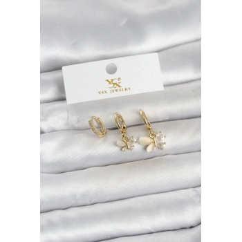 Nevamel® Pirinç Gold Renk Kelebek Model 3lü Kadın Küpe 5886