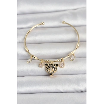 Nevamel® Pirinç Gold Renk Leopar Detaylı Charmlı Kadın Bileklik 5886